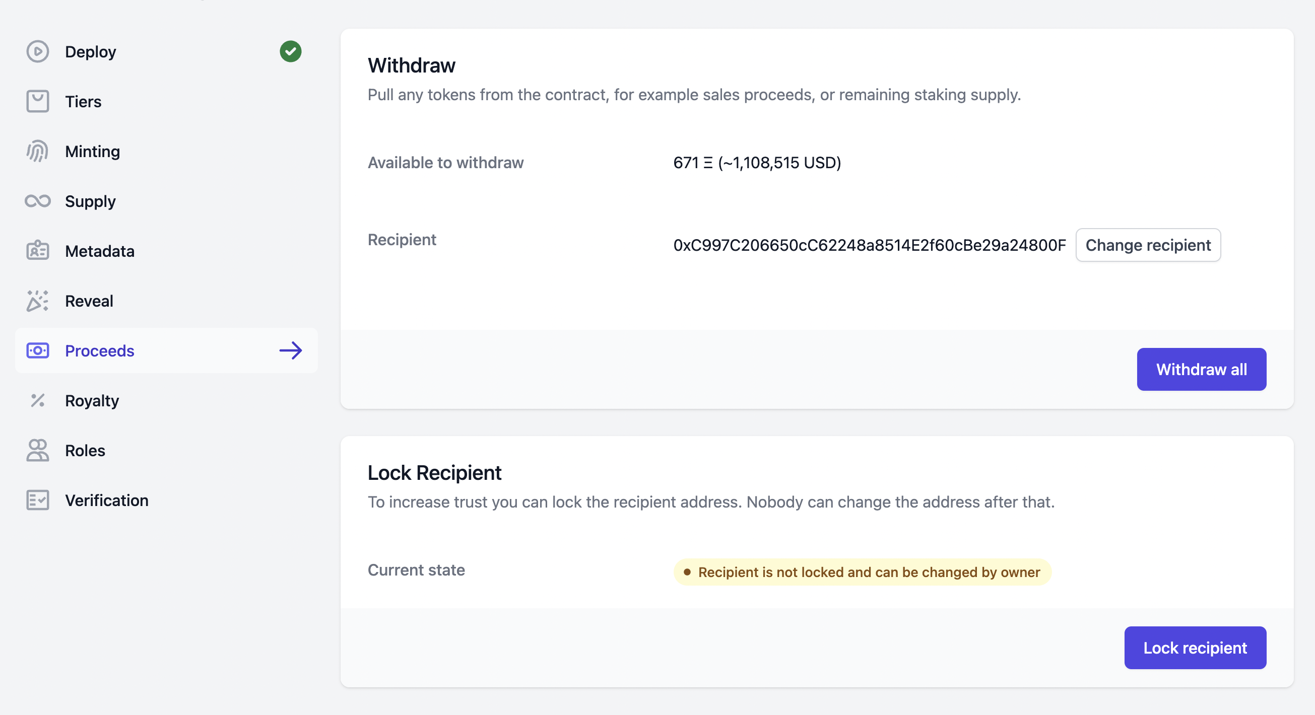 Withdraw Admin Section